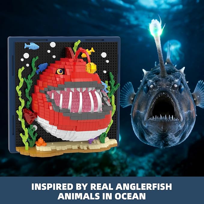 Angler Fish Animal 3D Wall Art Micro Mini Building Blocks Set Unique Home Wall Decor or Table Display No Compatible with Lego Ideal Gift Toy for Adults &amp Boys Girls 14+ (1626 PCS)