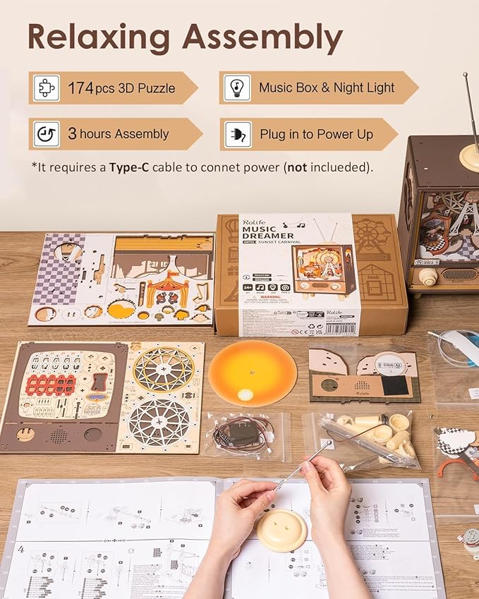 Rolife 3D Wooden Puzzles for Adults DIY Book Nook Kit 16 Ferris Wheel Music Box Model Building Set with LED Crafts for Adults Gifts for Girls Boys (Sunset Carnival)