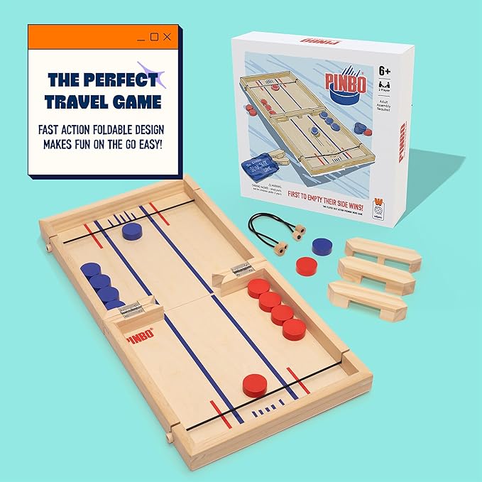 Pinbo Sling Puck Game (18) Premium Wooden Foldable Board | 2 Player Tabletop Game for Adults &amp Kids | Travel Friendly Classic Slingshot Game