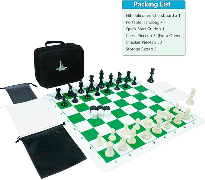 Travel Chess Set 20'' Silicone Chess Board-3.75'' King Height Plastic Piece Extra Queens &amp Storage Bag 2 in 1 Portable Chess &amp Checker Board Games for Teens and Adults