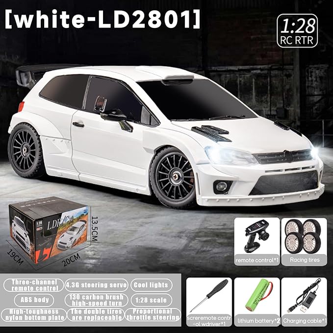 LDRC 2801 1/28 Mini RC Drift Car GTR 2.4GHz 4WD RTR with 4PCS Drift Tires Racing Radio Control Cars (White)