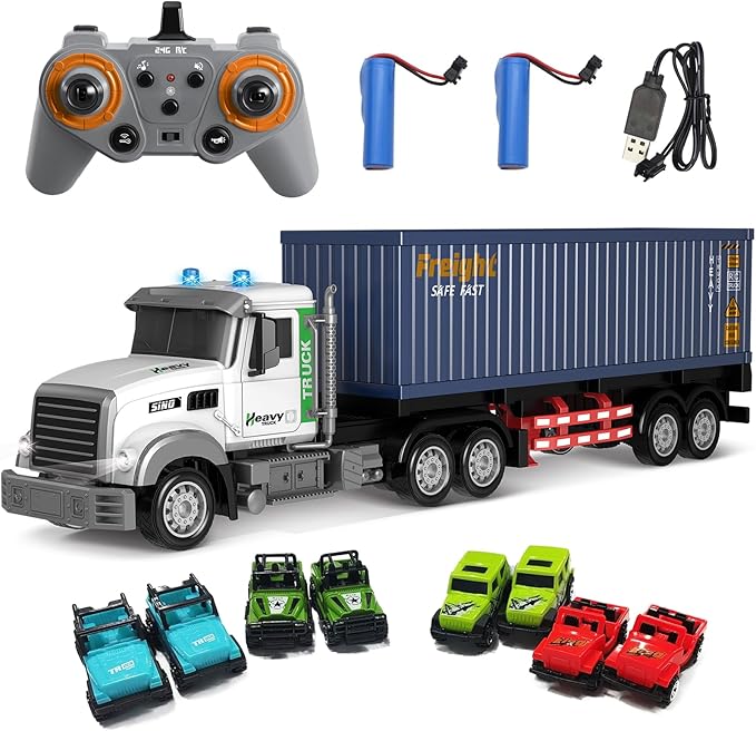 Mostop RC Semi Truck with Trailer - 23.6 Inch Large Remote Control Toy for Kids 3-8 2 Rechargeable Batteries 8 Mini Cars LED Lights &amp Sound 2.4GHz Semi-Trailer Truck Toys for Boys Girls