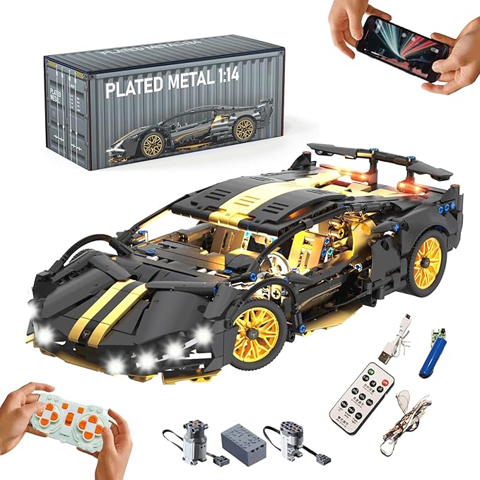 GEVINST Collectible Sports Race Cars Building Set RC Remote Control APP Car Model Kits with LED Lights for Boys 8-12 and up Adults 1:14 Scale Black Gold Supercar Gifts (1309 PCS)