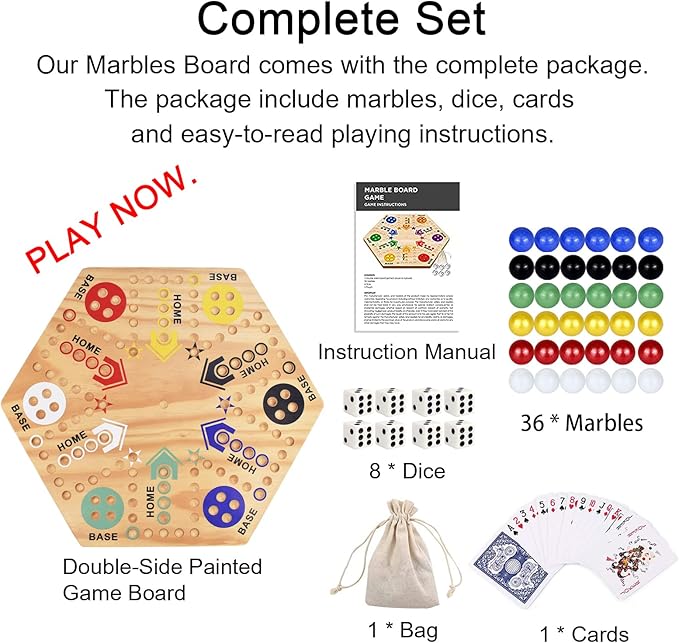 20 Wooden Wahoo Board Game Double-Sided for 4 or 6 Players Fast Track Board Game Original Marble Game Set with 36 Marbles 8 Dice for Family Night Parties and Adult Gifting