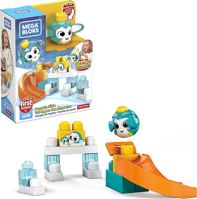 Mega Bloks Peek A Blocks Penguin Slide with Big Building Blocks Building Toys for Toddlers (14 Pieces)