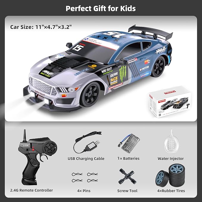 RC Drift Car Remote Control Cars for Adults 1/16 2.4GHz RC Drifting Car 4WD Drift RC Cars with Spray LED Lights and Drifting Tires Toy Cars for Boys Kids