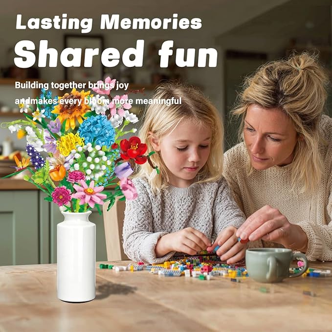 Flower Building Block Bouquet Kit for Women DIY Brick Flowers Craft Set with Adjustable Stems and Petals Creative Botanical Construction Toy for Desk Decoration Gift for Teens and Adults
