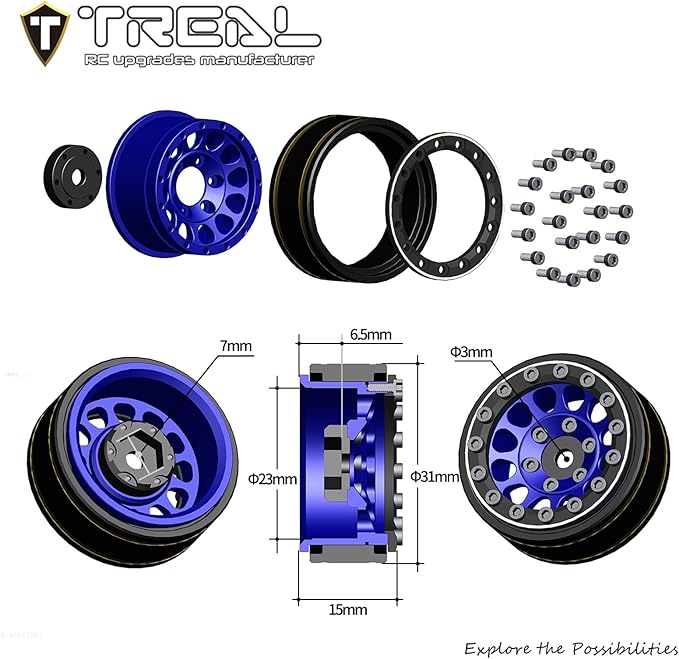 TREAL 1.0 Beadlock Wheels 12 Spokes Classic Rims (4P) for SCX24 AX24 FCX24 TRX4M 1/24 1/18 Crawler Car-Type I(Black)