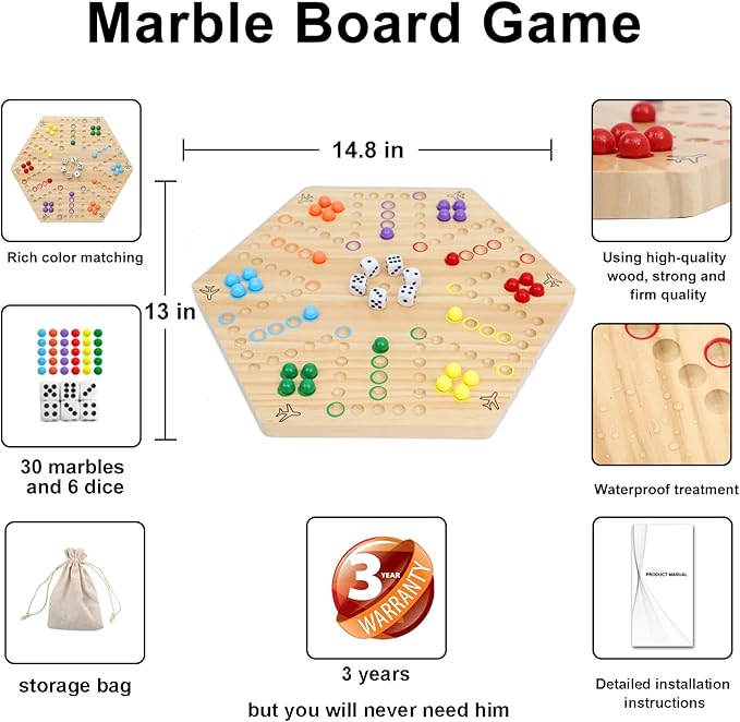 HOROW Wahoo Board Game Wooden Original Board Game 15 inch Classic 2 Side Painted Fast Track Game for 4 Player and 6 Player with 30 Marbles6 Dices for Family Game Night