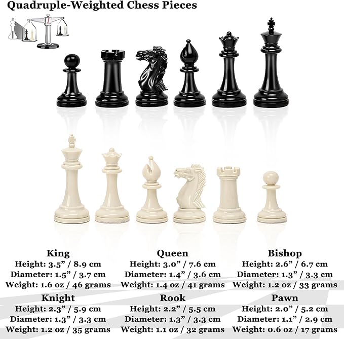 Tournament 20-inch Silicone Chess Board with 3.5 King Quadruple Weighted Pieces 2 Extra Queens &amp Dust Brush for Easy Care. Professional Portable Chess Set in Storage Bag