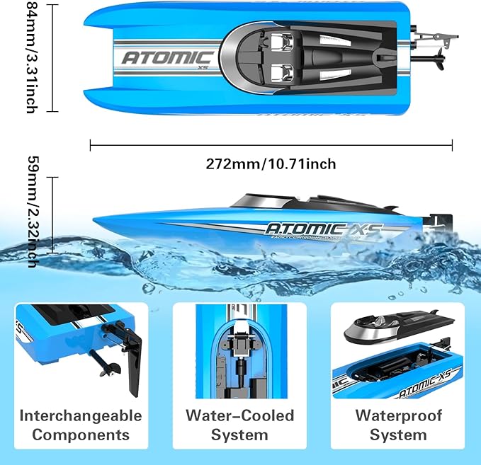 volantexrc Remote Control Boats for Pools and Lakes 20+MPH AtomicXS High Speed RC Boat for Adults Toy Boat Gifts with 2 Batteries &amp Reverse Function (795-5 Blue)