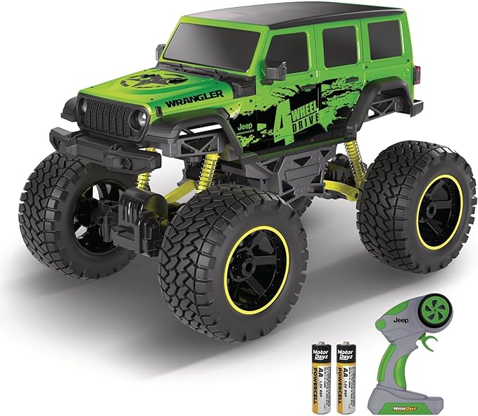 4WD Heavy Metal Remote Control Car Jeep Wrangler RC Truck Toy– 1:10 Scale 4-Door Stamped Metal Body 2.4GHz Control USB Rechargeable Ready to Run Green Great Gift