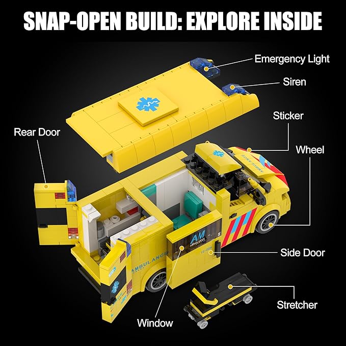 Ambulance Building Set International Rescue Vehicle Model Kit Removable Roof &amp Functional Doors Display Collectible City Truck Compatible with Lego Emergency Ambulance 618 PCS