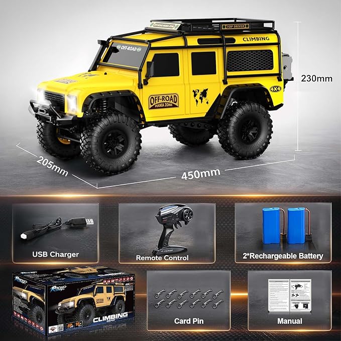 RC Cars RC Crawler 1/10 Scale RTR Remote Control Car 4WD 2.4GHz Brushed Offroad Racing Hobby Grade Model Vehicle with LED Lights 2Pcs Battery Toy for Kids and Adults