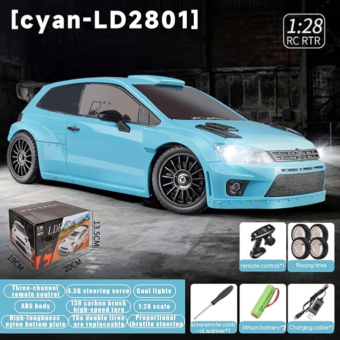 LDRC 2801 1/28 Mini RC Drift Car GTR 2.4GHz 4WD RTR with 4PCS Drift Tires Racing Radio Control Cars (Blue2)