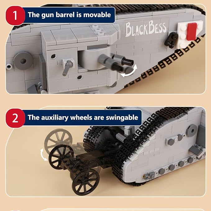 Military WWI British Mark I Tank Armored Vehicle Building Block Toys 841PCS for Kids Aged 8+ Or Adults Compatible with Lego.
