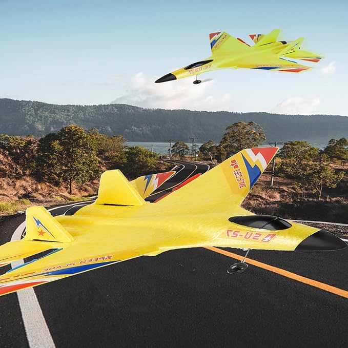 Yellow SU-27 RC Fighter Jet Remote Control Airplane with Stunt Flight Anti-Crash Foam Aircraft Model for 14+ Ages Teens and Adults 2.4GHz Remote Control 3 Batteries for Extended Flight Time
