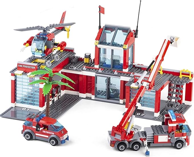 General Jim's Fire Station Multi Emergency Vehicle 774 Piece Modular Building Block Bricks Amazing Colorful 2 Level Fire Station Building Block Bricks Toy with Helipad - for All Building Levels