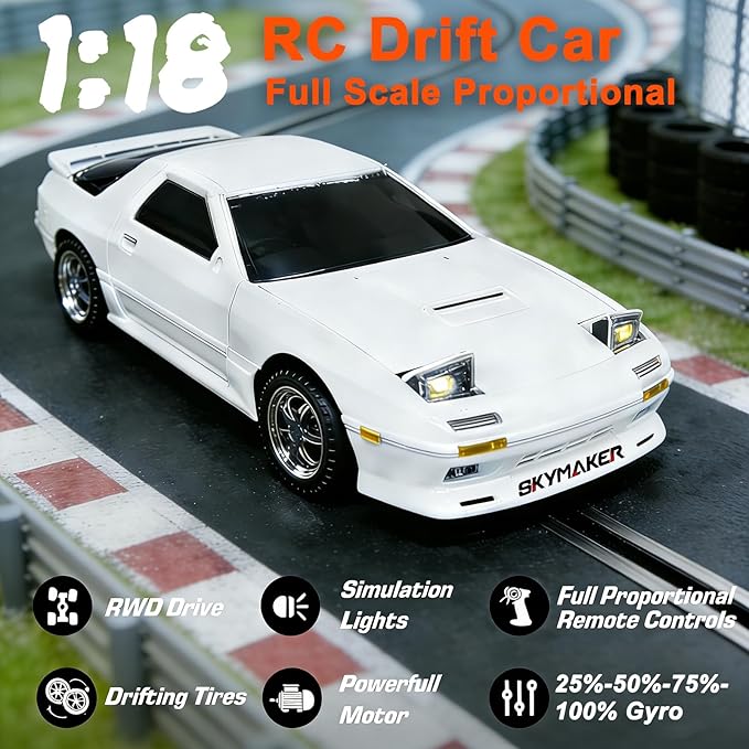 Skymaker Mazda RX7-FC RC Drift Car - 1:18 LDRC RWD Remote Control Car with Two Batteries &amp Metal Drive Shaft Easy to Drift for Adults Indoors Racing(White with Gyro)