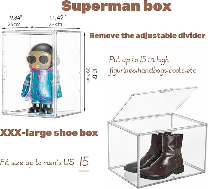 Attelite XXX-Large Clear Display Case Stackable Plastic Storage Bins with Lid 2 Tiers Boot Shoe Box Organizers with an Adjustable Divider Big Acrylic Display Storage Box with Magnetic Door