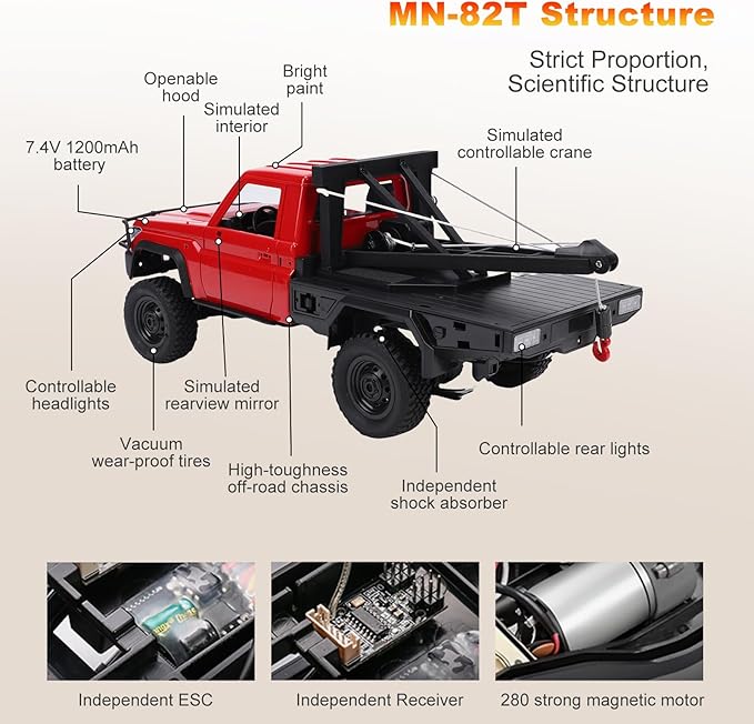 MN-82T RC Rock Crawler 1:12 Scale 4WD Upgraded RC Truck with Crane Hook 2.4Ghz Off Road Toy Pickup Truck with Lights All Terrain Wrecker Vehicle for Teen Adults (Red)