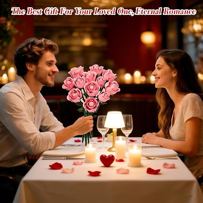 Pink Rose Building Flower Bouquet Set for Adults Compatible with Lego Flowers Artificial Plant Home Decor Creative DIY Building Toys Romantic Gifts for Her Birthday Valentine's Day Mother's Day
