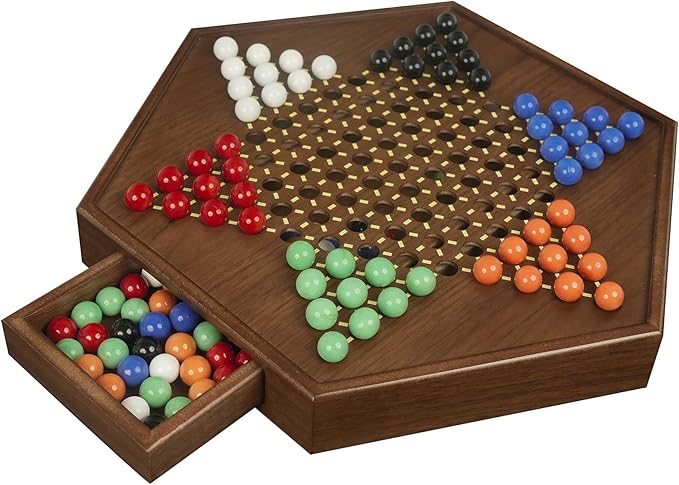 Chinese Checkers Board Game - 15” Large Wooden Checkers Game with Storage Drawer 16mm Glass Marbles (60 + 12 Extras) Classic Family Strategy Game for 2-6 Players