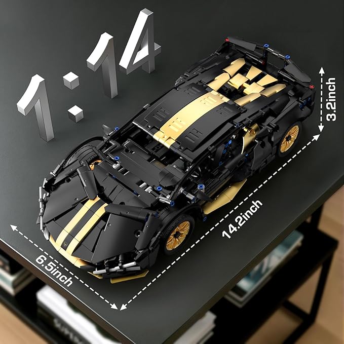 PIKARO Sports Car Building Set for Adults &amp Boys 1:14 MOC Black Race Car Model Kits Collectible Supercar Toys Birthday Gifts for Kids Teens Age 8-14 12-16 (1309 Pieces)