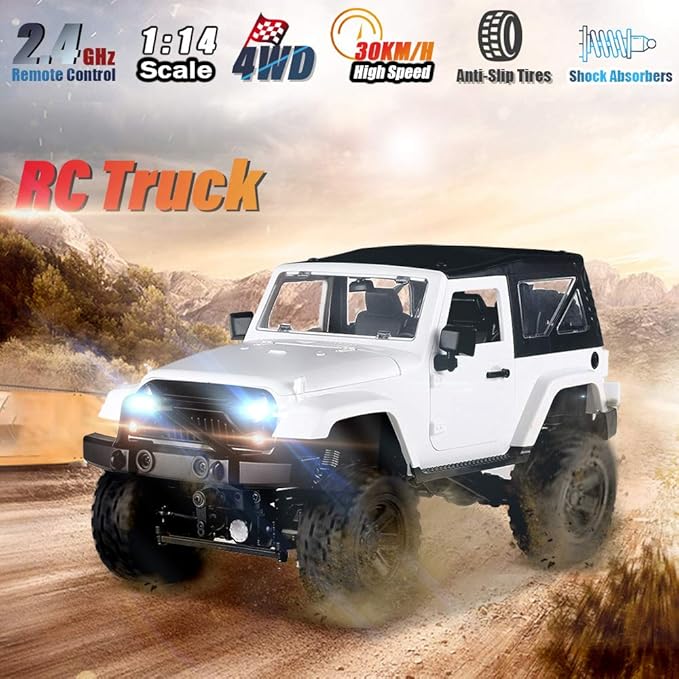 GoolRC f1 RC Crawler 1:14 Scale 2.4GHZ Remote Control Car 4WD 30KM/H High Speed Racing Car All Terrains Off Road RC Monster Vehicle Truck Crawler with Led Light for Teens and Adults (White Hardtop)