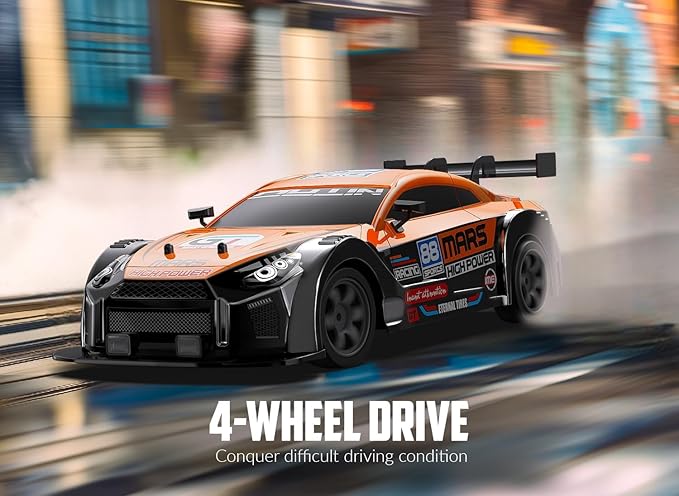 RACENT 1:16 RC Drift Car 2.4Ghz 4WD 18KM/H Remote Control Car with Spray Mist Racing and Drifting Wheels LED Light 2 Batteries Sport Model Toys Vehicle for Kids Boys Adults
