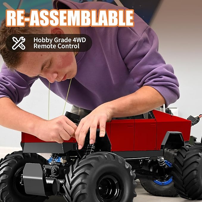 Remote Control Car 2.4Ghz 1/8 Scale Model Racing Car Toys Aluminum Alloy 4WD Off-Road Pickup Truck with LED Headlight and Rechargeable Battery Gifts for Adults Boys (Red)