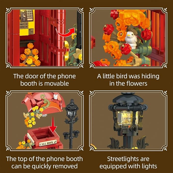 London Retro Red Telephone Booth Architecture Set with LED Lighting Creative Flores Phone Box for The Office and Home Set Adult Collector Decor 1142pcs