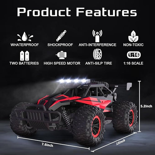 1:16 Scale Remote Control Car 20 Km/h High Speed Remote Control Truck Off Road RC Monster Vehicle with LED Headlights and Chassis Lights Electric Toy for Boys Kids and Adults
