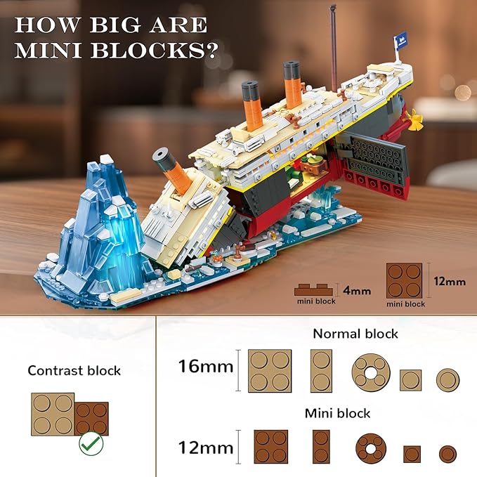 2 in 1 Titanic Building Set with Lights 1935 PCS Titanic Ship Mini Building Block Kit with Glacier Display Stand Home Decor Ship Model Birck Toy Gift for Adults Teens Boys Girls 12+