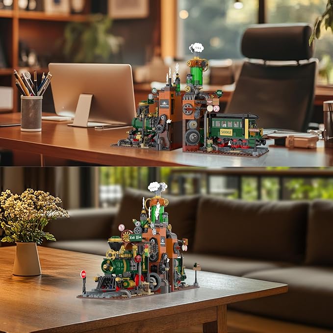 NUTCRACKER Retro Steam Train Building Set 2 in 1 Medieval Train Station Building Model Train Book Ends Bookshelf DIY Toy Building Set Easter Birthday Gift for Adults Boys Girls (1379 Pieces)