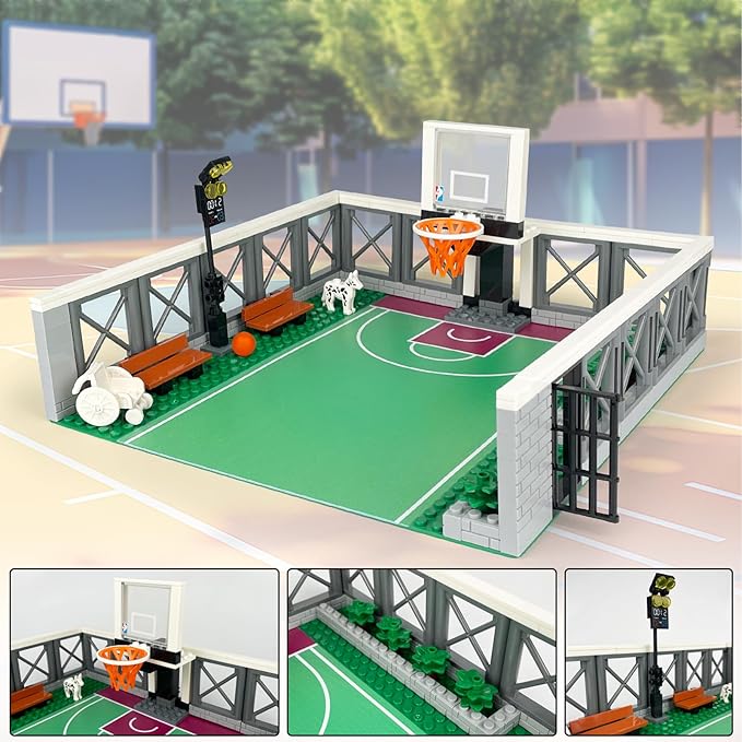 Basketball Court Building Block Set with 18 Sport Figures Compatible with Lego 853792 Accessory Basketball Accessory with Solt Can Be Held Bench Hoop for Basketball Fans