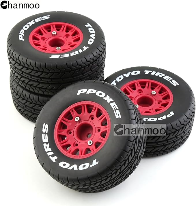 1/10 RC Short Course Truck Tires And Wheels With 12mm 14mm 17mm Hex 113mm 1/8 Rubber Tyres For 1/8 or 1/10 Scale On Road Car HSP Sonic 94102 GT PTG-2 Tamiya TT02 RC Racing Car 4PCS (Red A)