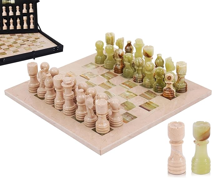 Marble Chess Set for Adults 12 Handmade Verona &amp Green Board Game with 32 Chess Pieces 2 Extra Queens &amp Storage Box Luxury Travel Game Elegant for Home Decor