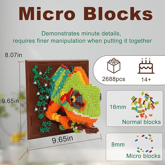 3D Wall Art Chameleon Animal Micro Building Blocks Set for Adults 2688 PCS Unique Home Decor &amp Creative Table Display Creative Gift Toy for Art Enthusiasts And People Who Love Building Blocks
