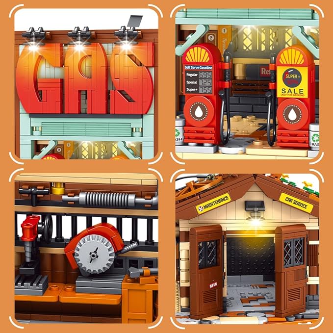 39118 Cowboy City Gas Station Building Blocks with LED Lights 1754 PCS Wild West Vintage Fuel Station Architecture Kit for Adults Western Street Scene Model