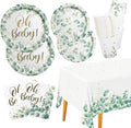 Sage Greenery Baby Shower Party Supplies Disposable Paper Plates Napkins Cups and Tablecloth for Boho Greency Party Decorations Serve 25.