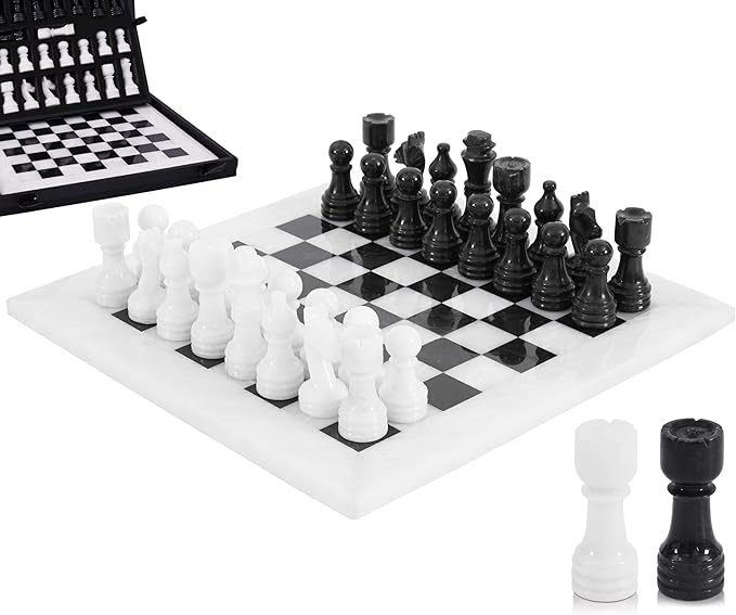 Marble Chess Set for Adults 12 Handmade White &amp Black Board Game with 32 Chess Pieces 2 Extra Queens &amp Storage Box Luxury Travel Game Elegant for Home Decor