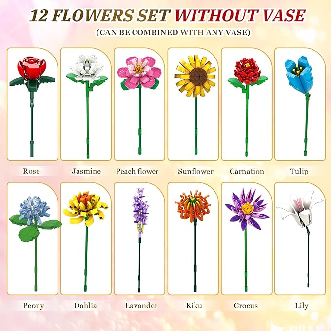 Flower Bouquet Building Set1009PCS Creative DIY Plant Bouquet Decoration12 Artificial Flowers Botanical for Adults Women Girls Ages 6+Idea Gifts for Mother's Day Valentine's Day No Vase