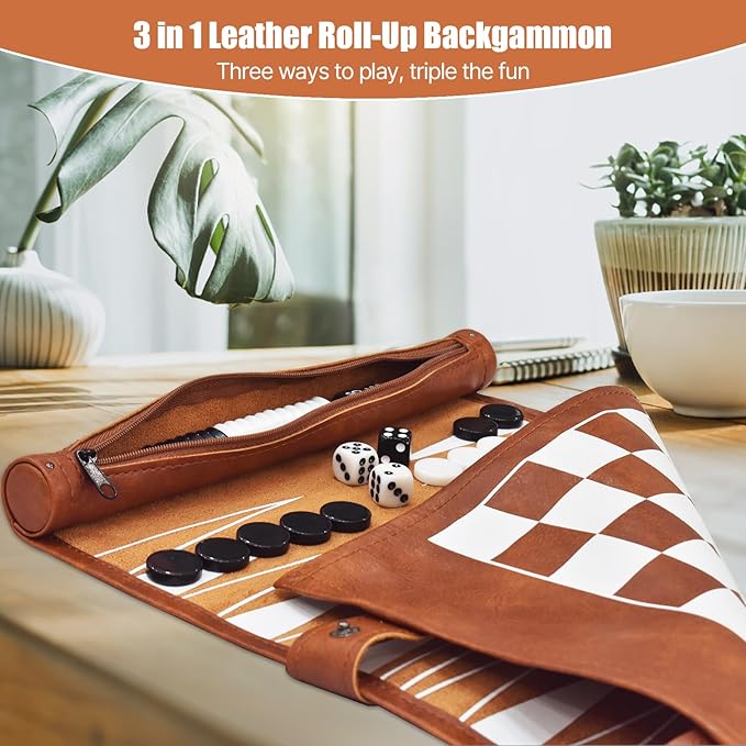 Chess Checkers and Backgammon Set 3 in 1 - Roll-up Leather Board Games Portable and Lightweight with Drawstring BagTravel-Size Board Game for Camping Backpacking Road Trips Adults