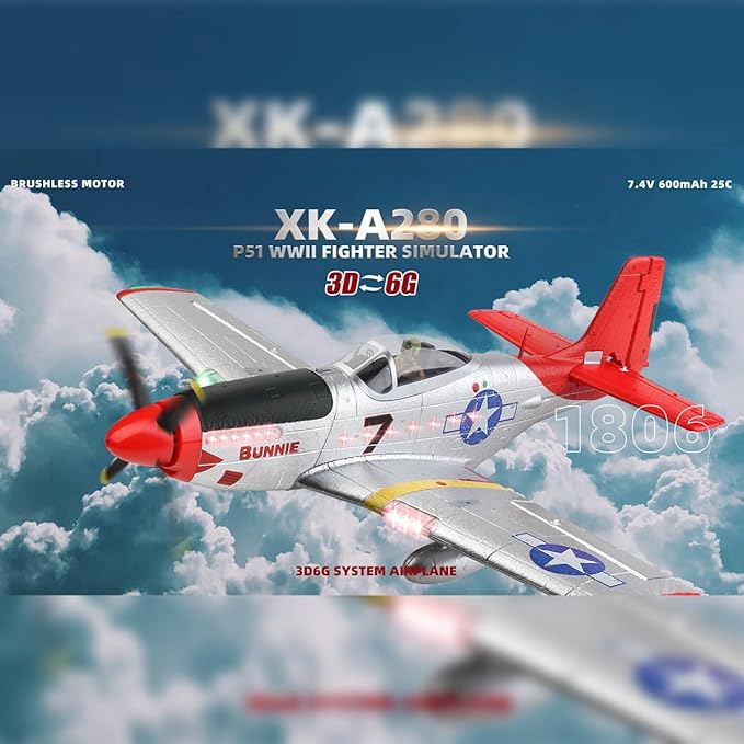 XK A280 P-51 RC Airplane EPP Remote Control Airplane 3D/6G 2.4G 4CH Brushless 560mm Wingspan Fixed Wing RC Aircraft Model with Quick Release Military Plane Toy Gift -RTF