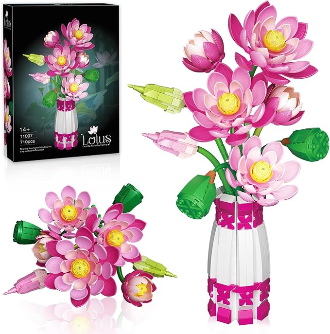 Lotus Flowers Botanical Building Set with Vase Compatible with Lego Flowers Botanicals Collection Pink Artifcial Flower Bouquet with Vase for Indoor Outdoor 710 PCS