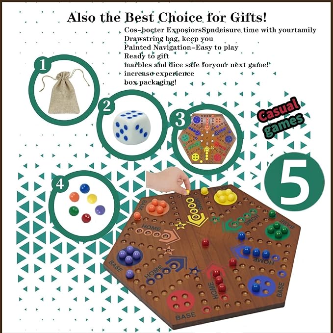 Wooden Board Games- -Marble Board Game -Surfacepainting-Double Sided Painted 15inch Fast Track for 6 and 4 Players with 6 Colors 30 Marbles 6 Dice for Kids Friends Family Game Party (Walnut)