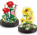 2 Flowers Bouquet Sunflowers - Rose Building Kit Creative Bonsai Tree Succulents Plant Blocks with LED Light Botanical Collection Home Office Decor Ideal Gift for Lover Adult