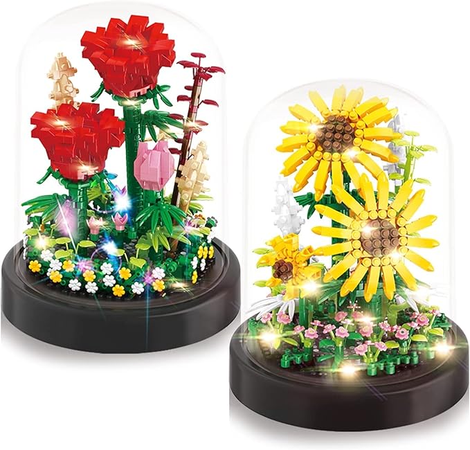 2 Flowers Bouquet Sunflowers - Rose Building Kit Creative Bonsai Tree Succulents Plant Blocks with LED Light Botanical Collection Home Office Decor Ideal Gift for Lover Adult
