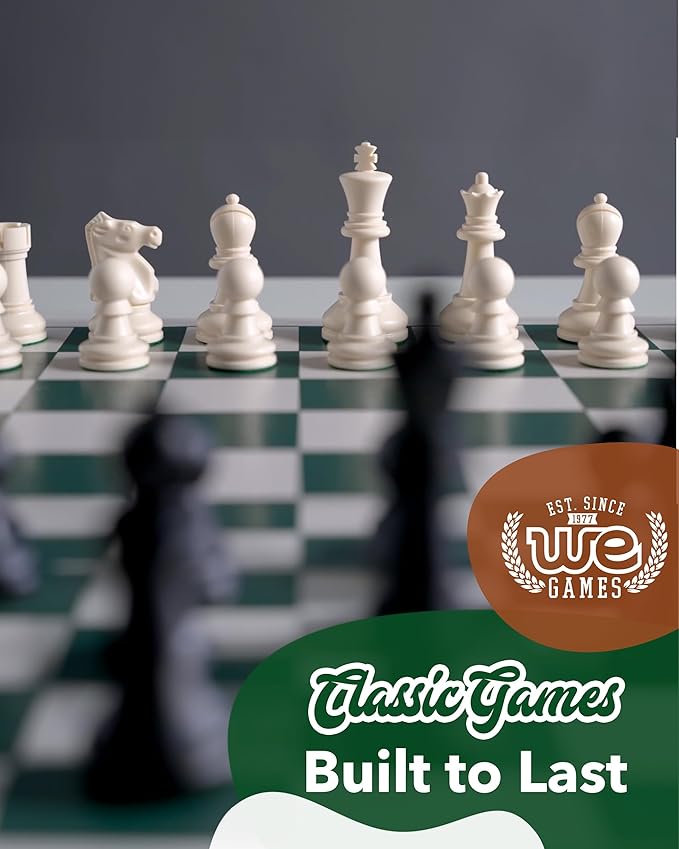 WE Games Chess Set - Tournament Style with 34 Pieces Vinyl Roll-Up Board Storage Bag &amp Equalizer Dice. Ideal for Adults